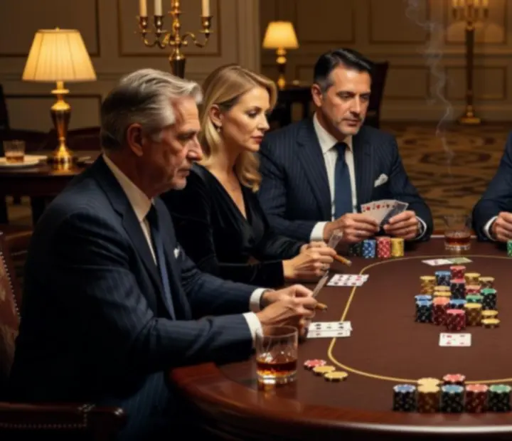 Atmosferyczny wieczór pokerowy przy świecach z uśmiechniętymi uczestnikami przy stole