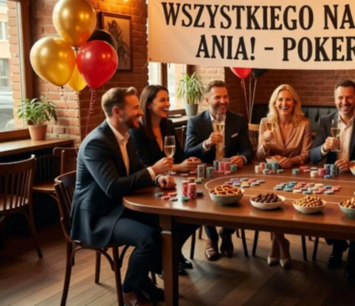 Urodzinowy wieczór pokerowy z dekoracjami i tortem