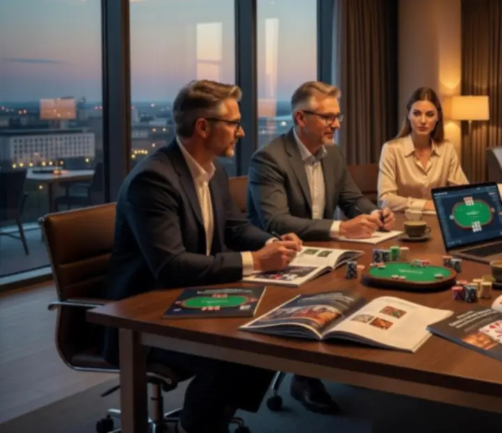 Zespół biznesowy planujący wieczór pokerowy przy stole w eleganckiej sali