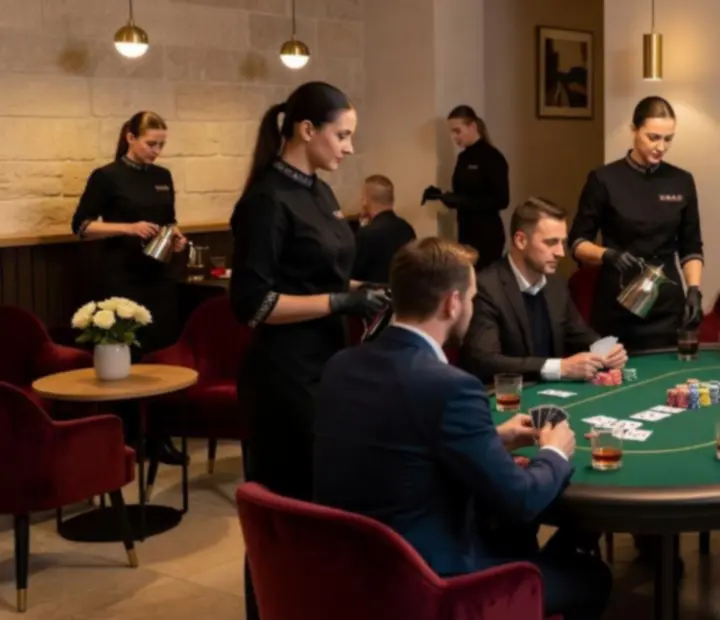 Kawiarnia wieczorem z profesjonalnym pokerowym stołem