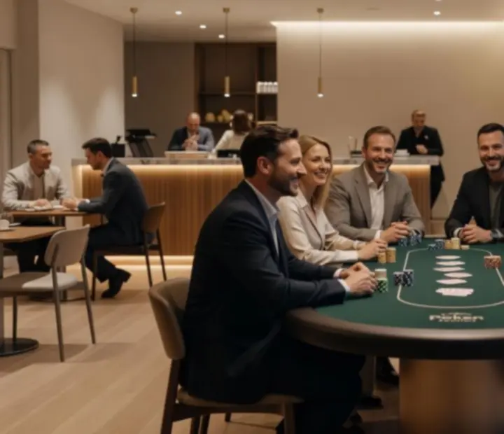 Jasna kawiarnia z elegancko przygotowanym stołem pokerowym i nastrojowym oświetleniem