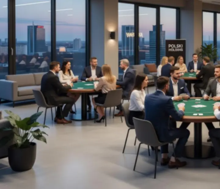 Zespół firmowy przy stole pokerowym podczas integracji