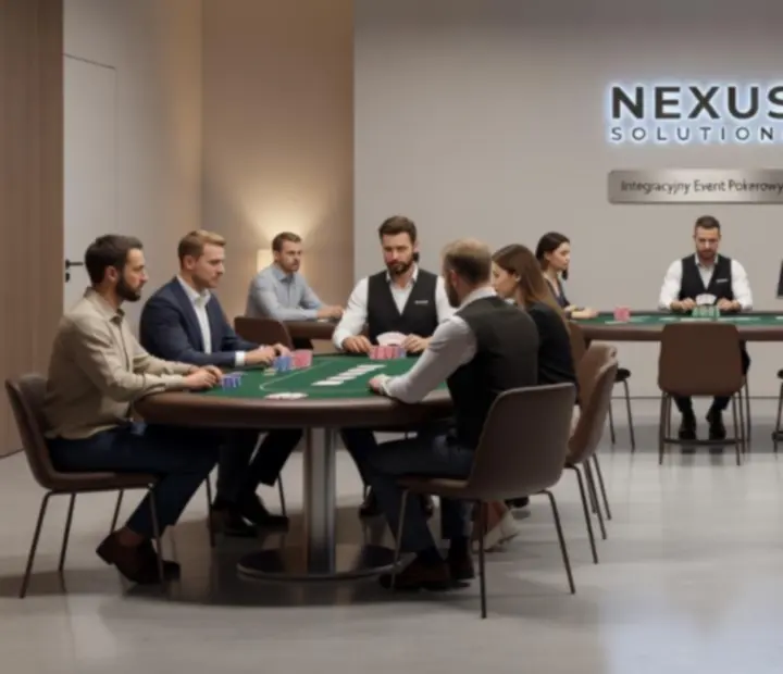 Nowoczesna sala konferencyjna przearanżowana na elegancki wieczór pokerowy z brandingiem firmowym