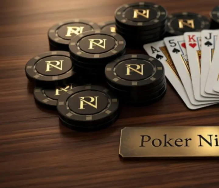 Zbliżenie na eleganckie żetony, karty i subtelne oznakowania Poker Night na stole eventowym
