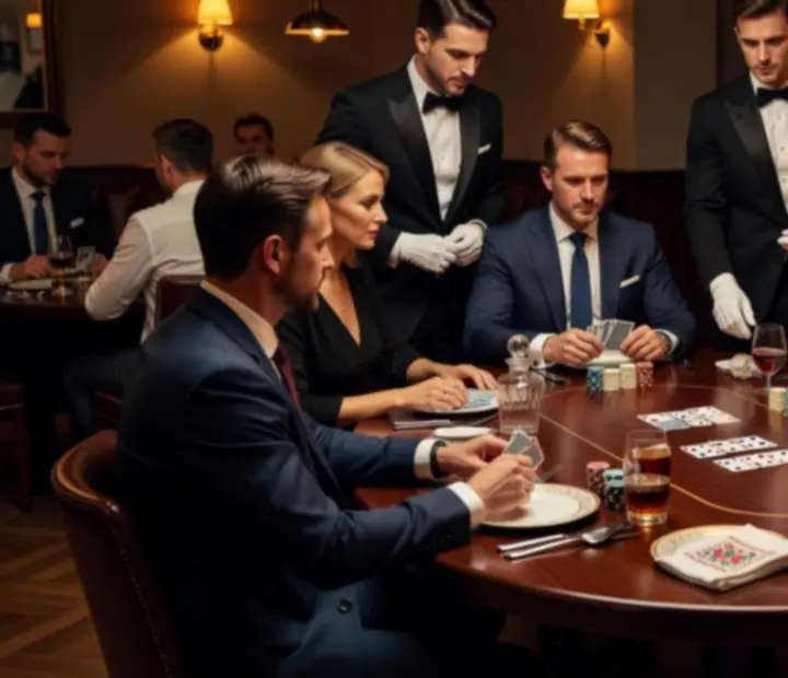 Elegancka kawiarnia przygotowana na wieczór pokerowy z profesjonalnie zaaranżowanymi stołami