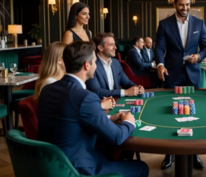 Stylowi prowadzący obsługujący elegancki wieczór pokerowy w nowoczesnym lokalu