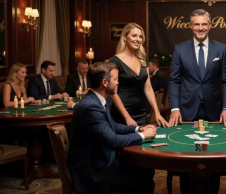 Profesjonalni prowadzący i hostessy obsługujący elegancki wieczór pokerowy w stylowym lokalu