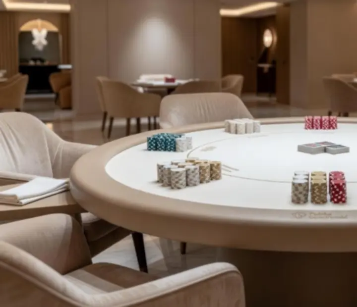 Profesjonalny stół pokerowy z kartami, żetonami i elegancką dekoracją w restauracji