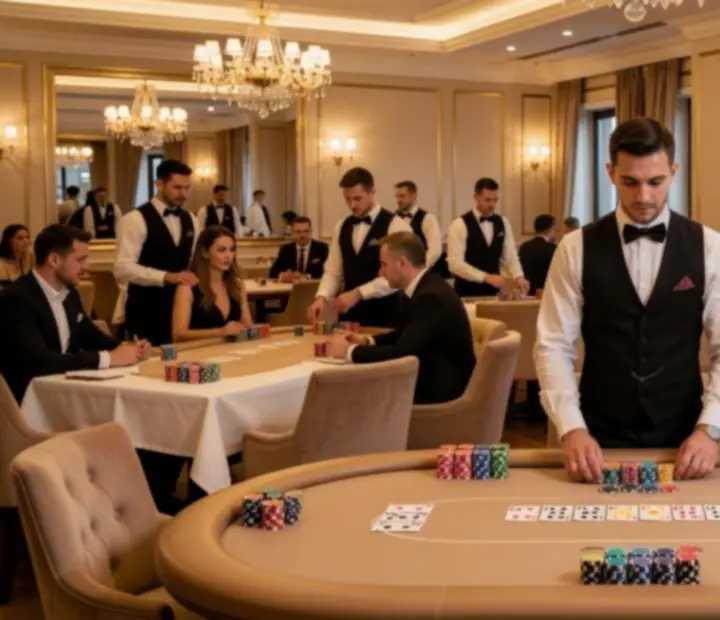 Elegancki stół pokerowy przygotowany na wieczorny event w restauracji