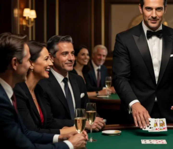 Profesjonalny prowadzący przy stole pokerowym w eleganckiej restauracji