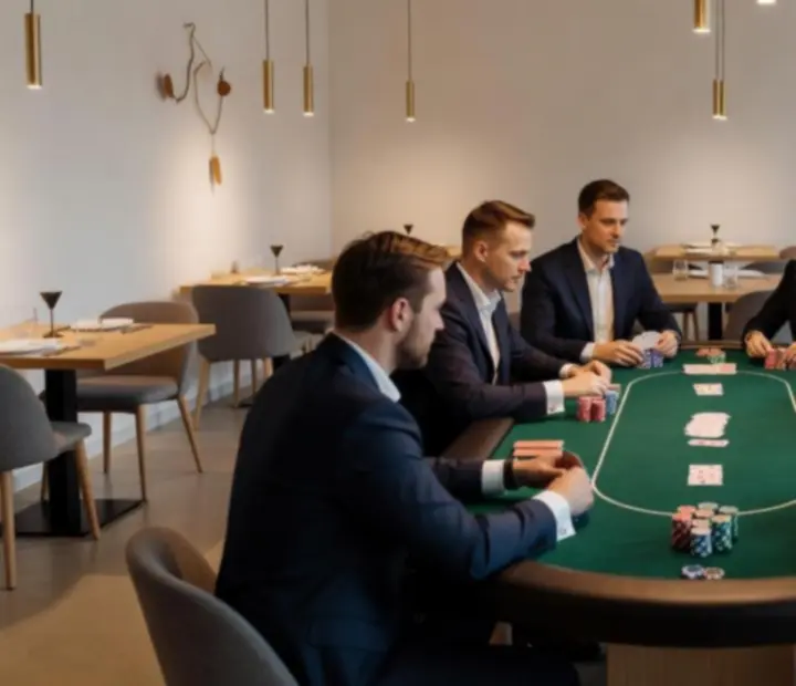 Nowoczesna restauracja z elegancką aranżacją stołów pokerowych przygotowanych na wieczorne wydarzenie