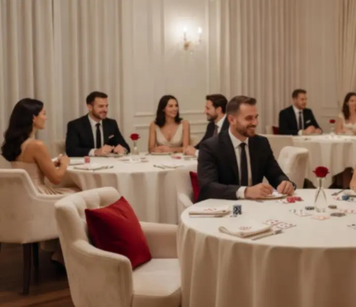 Wieczór pokerowy w eleganckiej restauracji z gośćmi przy stołach i przytulnym oświetleniem