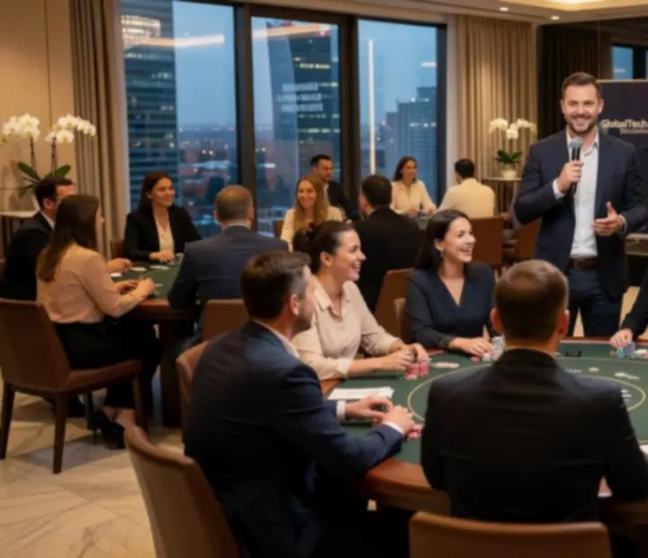 Elegancki wieczór pokerowy w restauracji z profesjonalną obsługą stołu i uśmiechniętymi gośćmi.
