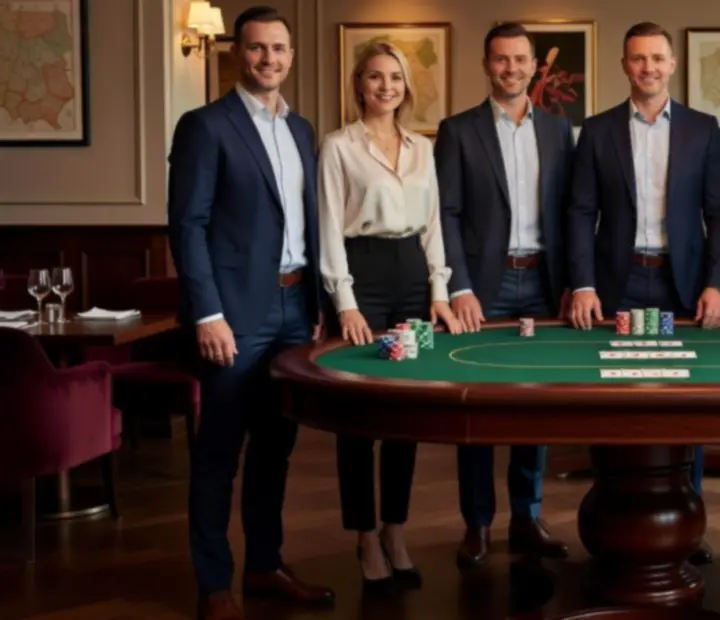Zespół profesjonalnych gospodarzy wieczorów pokerowych przy elegancko przygotowanym stole