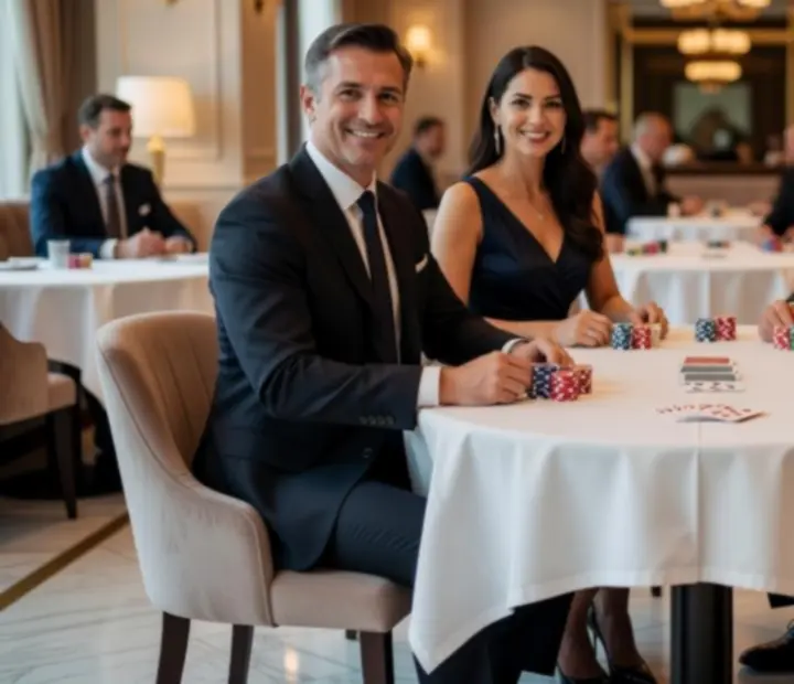 Profesjonalny zespół gospodarzy prowadzących elegancki wieczór pokerowy w restauracyjnej scenerii