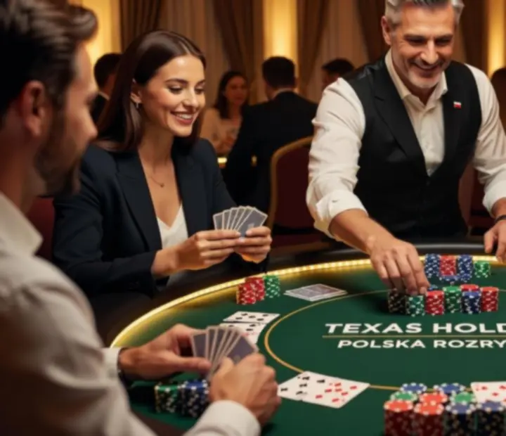 Profesjonalnie przygotowany stół Texas Hold'em z kartami i żetonami w eleganckiej scenerii.