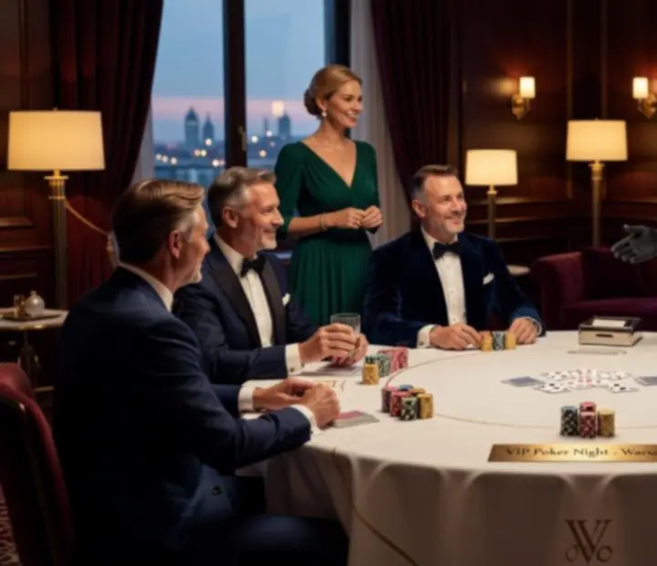 Ekskluzywny wieczór VIP z eleganckim stołem pokerowym w apartamencie lub hotelowej sali.